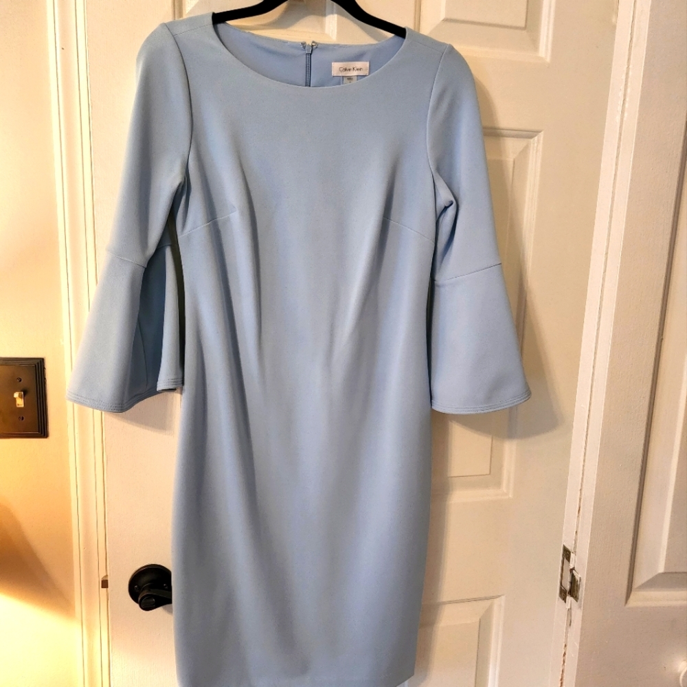 Calvin Klein Dress | NWOT Blue Bell Sleeve, Pearl Detail | size: 6